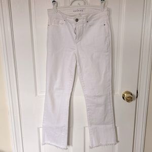 White jeans with fun fringe